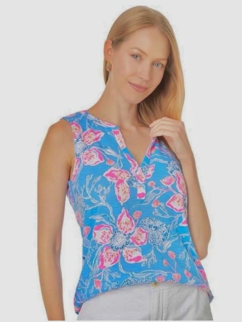 Lilly Pulitzer Essie VNeck Tropical Floral Bahamian Rhapsody Sleeveless Top Sz M